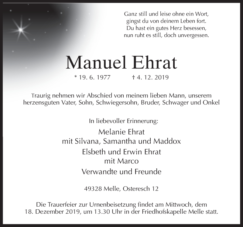  Traueranzeige für Manuel Ehrat vom 14.12.2019 aus Neue Osnabrücker Zeitung GmbH & Co. KG