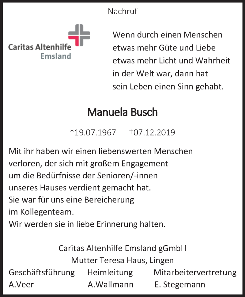  Traueranzeige für Manuela Busch vom 21.12.2019 aus Neue Osnabrücker Zeitung GmbH & Co. KG