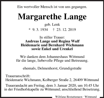 Traueranzeige von Margarethe Lange von Neue Osnabrücker Zeitung GmbH & Co. KG