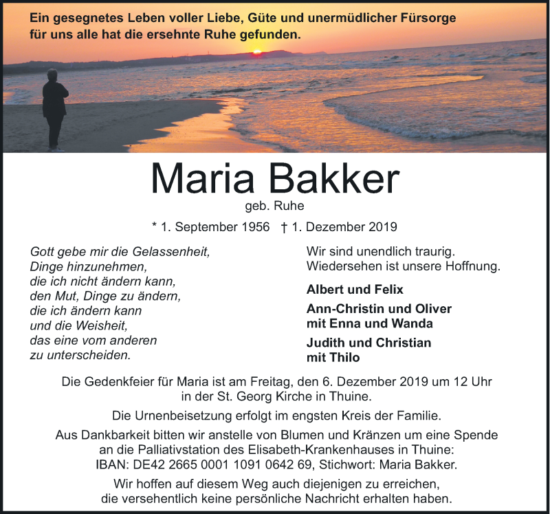  Traueranzeige für Maria Bakker vom 04.12.2019 aus Neue Osnabrücker Zeitung GmbH & Co. KG
