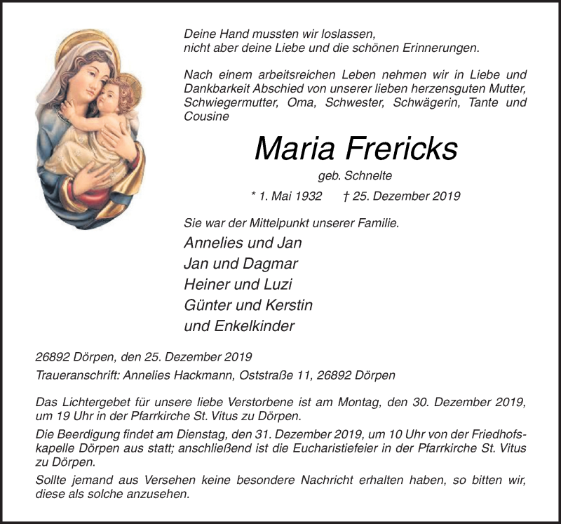  Traueranzeige für Maria Frericks vom 27.12.2019 aus Neue Osnabrücker Zeitung GmbH & Co. KG