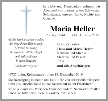 Traueranzeige von Maria Heller von Neue Osnabrücker Zeitung GmbH & Co. KG