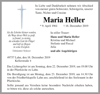 Traueranzeige von Maria Heller von Neue Osnabrücker Zeitung GmbH & Co. KG