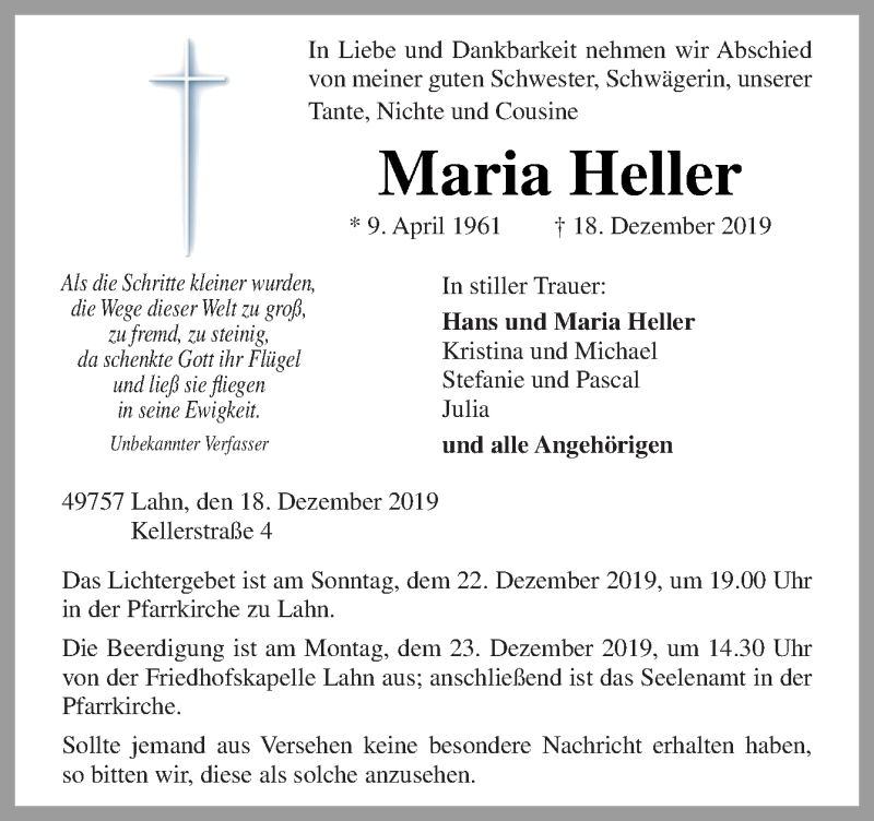  Traueranzeige für Maria Heller vom 21.12.2019 aus Neue Osnabrücker Zeitung GmbH & Co. KG