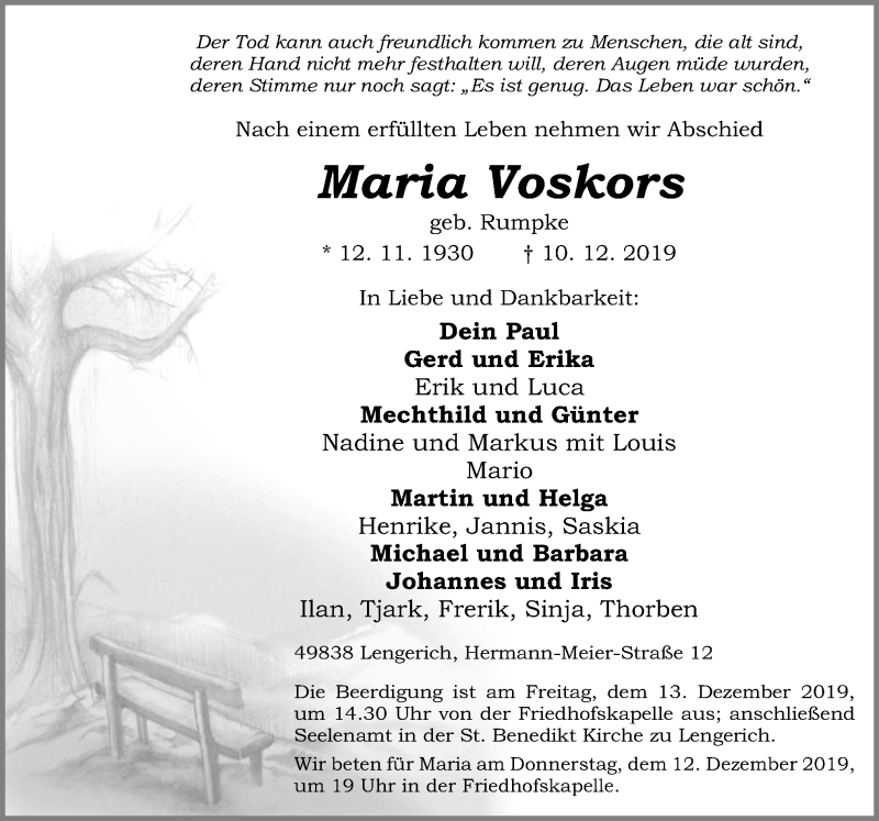  Traueranzeige für Maria Voskors vom 12.12.2019 aus Neue Osnabrücker Zeitung GmbH & Co. KG