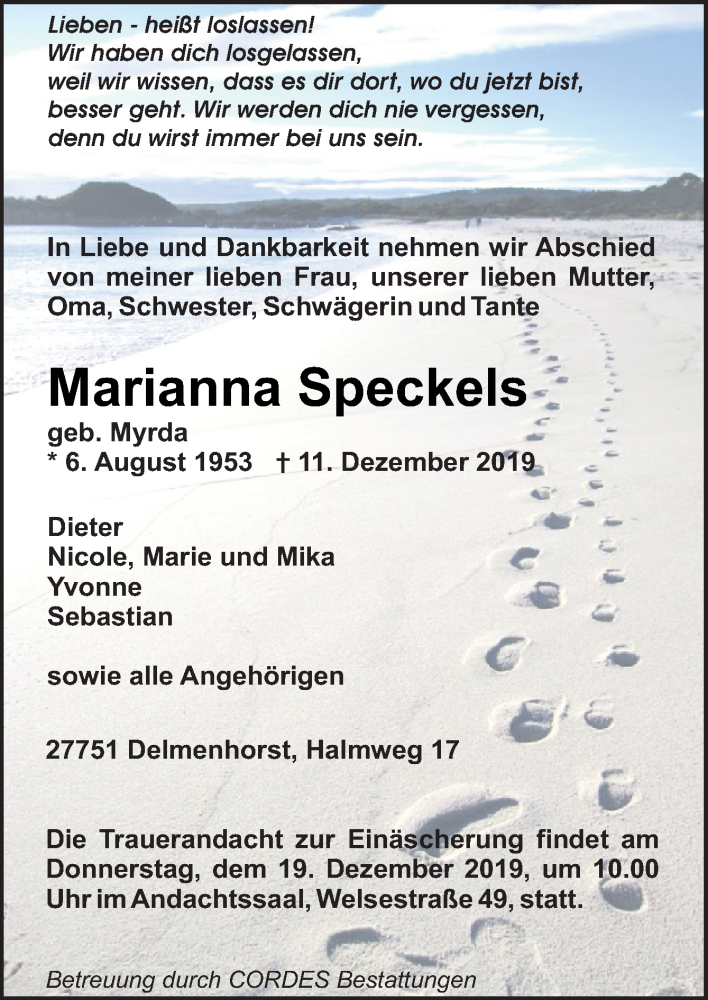  Traueranzeige für Marianna Speckels vom 14.12.2019 aus Neue Osnabrücker Zeitung GmbH & Co. KG
