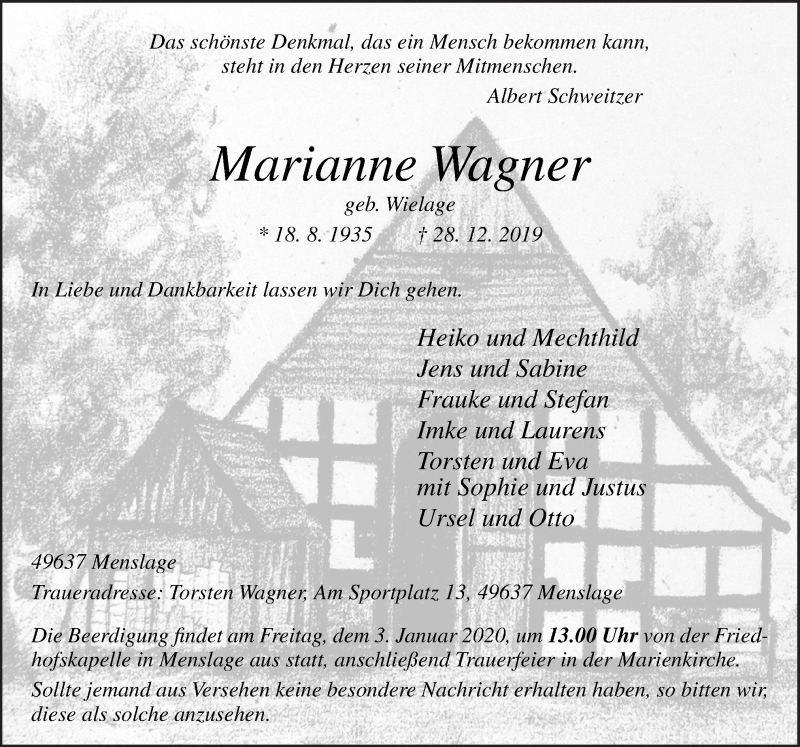  Traueranzeige für Marianne Wagner vom 31.12.2019 aus Neue Osnabrücker Zeitung GmbH & Co. KG