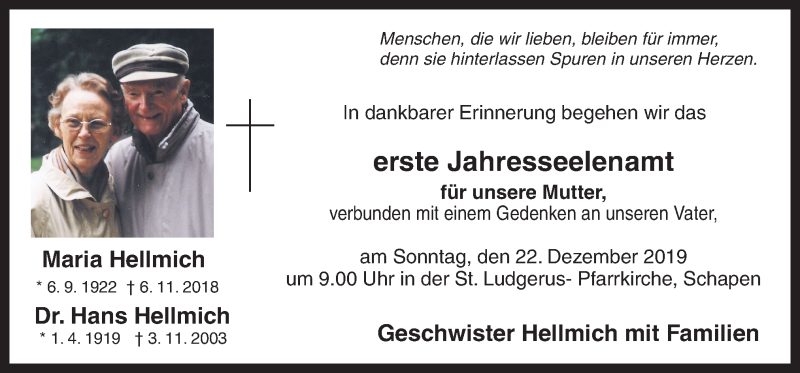  Traueranzeige für Maria und Hans Hellmich vom 18.12.2019 aus Neue Osnabrücker Zeitung GmbH & Co. KG