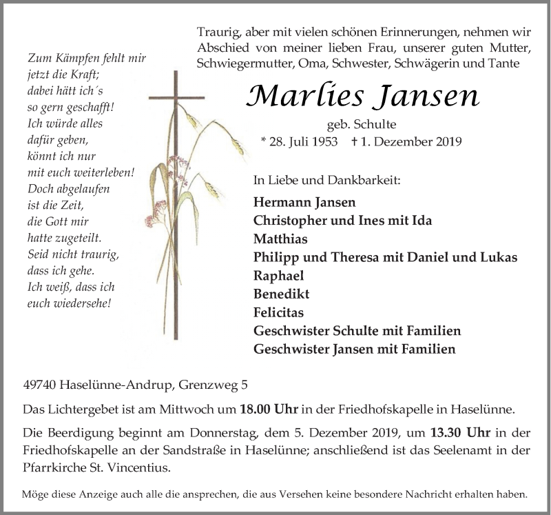  Traueranzeige für Marlies Jansen vom 03.12.2019 aus Neue Osnabrücker Zeitung GmbH & Co. KG