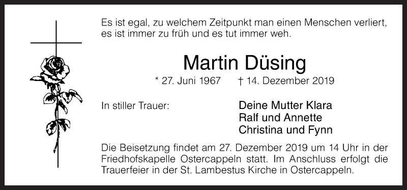  Traueranzeige für Martin Düsing vom 20.12.2019 aus Neue Osnabrücker Zeitung GmbH & Co. KG