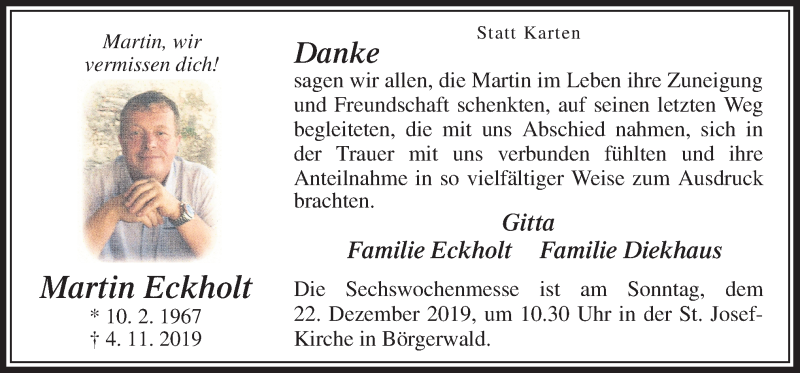 Traueranzeige für Martin Eckholt vom 18.12.2019 aus Neue Osnabrücker Zeitung GmbH & Co. KG