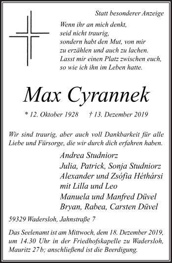 Traueranzeige von Max Cyrannek von Neue Osnabrücker Zeitung GmbH & Co. KG