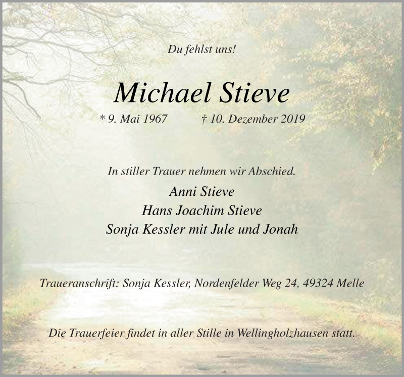  Traueranzeige für Michael Stieve vom 14.12.2019 aus Neue Osnabrücker Zeitung GmbH & Co. KG