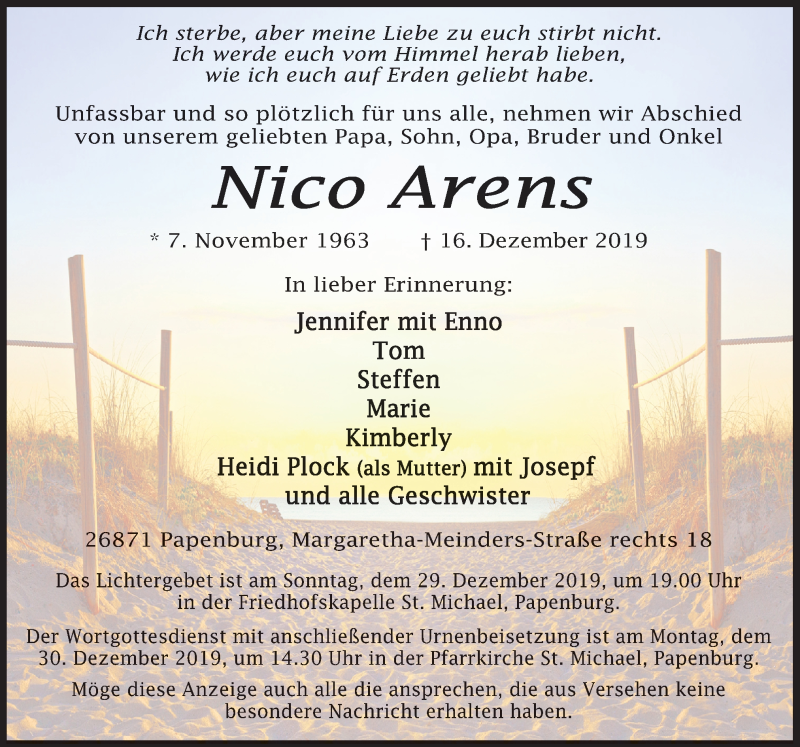  Traueranzeige für Nico Arens vom 21.12.2019 aus Neue Osnabrücker Zeitung GmbH & Co. KG
