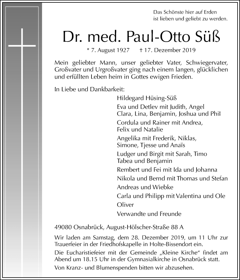 Traueranzeige für Paul-Otto Süß vom 21.12.2019 aus Neue Osnabrücker Zeitung GmbH & Co. KG