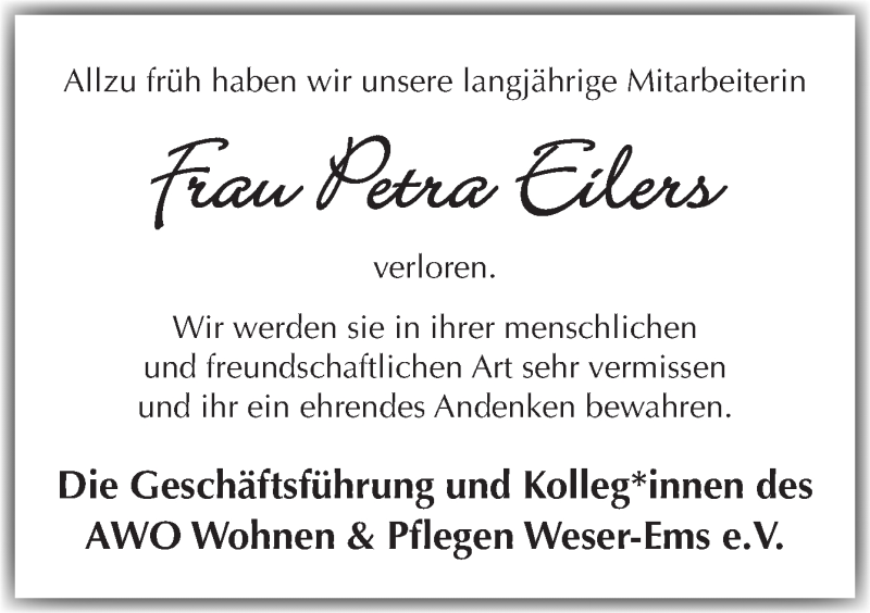  Traueranzeige für Petra Eilers vom 06.12.2019 aus Neue Osnabrücker Zeitung GmbH & Co. KG