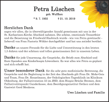 Traueranzeige von Petra Lüschen von Neue Osnabrücker Zeitung GmbH & Co. KG