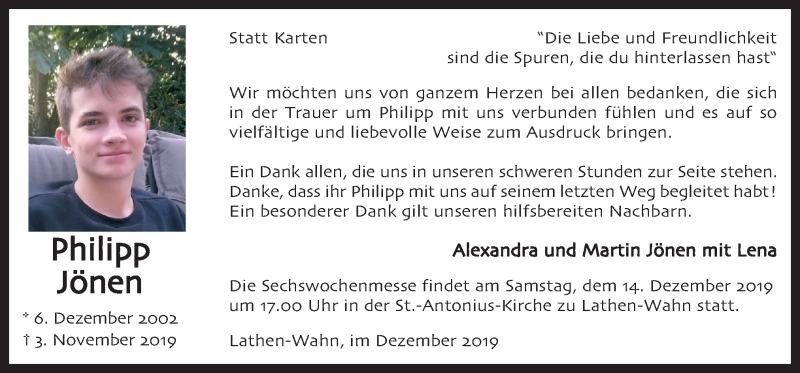  Traueranzeige für Philipp Jönen vom 12.12.2019 aus Neue Osnabrücker Zeitung GmbH & Co. KG