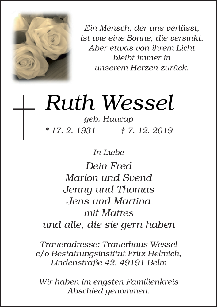  Traueranzeige für Ruth Wessel vom 14.12.2019 aus Neue Osnabrücker Zeitung GmbH & Co. KG