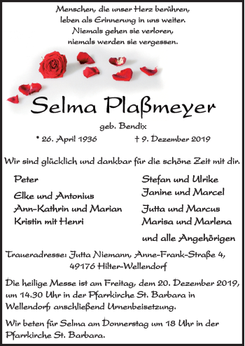 Traueranzeige von Selma Plaßmeyer von Neue Osnabrücker Zeitung GmbH & Co. KG