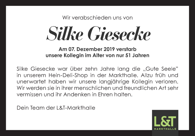  Traueranzeige für Silke Giesecke vom 27.12.2019 aus Neue Osnabrücker Zeitung GmbH & Co. KG