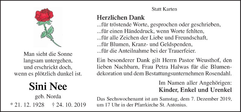  Traueranzeige für Sini Nee vom 04.12.2019 aus Neue Osnabrücker Zeitung GmbH & Co. KG