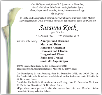 Traueranzeige von Susanna Kock von Neue Osnabrücker Zeitung GmbH & Co. KG