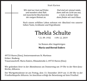 Traueranzeige von Thekla Schulte von Neue Osnabrücker Zeitung GmbH & Co. KG