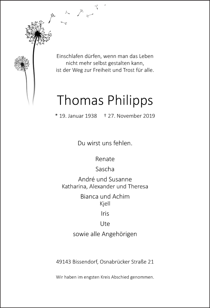  Traueranzeige für Thomas Philipps vom 04.12.2019 aus Neue Osnabrücker Zeitung GmbH & Co. KG