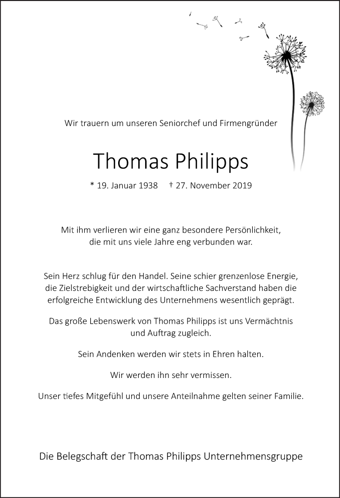  Traueranzeige für Thomas Philipps vom 04.12.2019 aus Neue Osnabrücker Zeitung GmbH & Co. KG