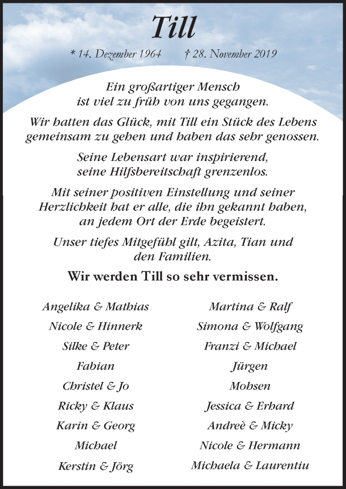  Traueranzeige für Till Balken vom 07.12.2019 aus Neue Osnabrücker Zeitung GmbH & Co. KG