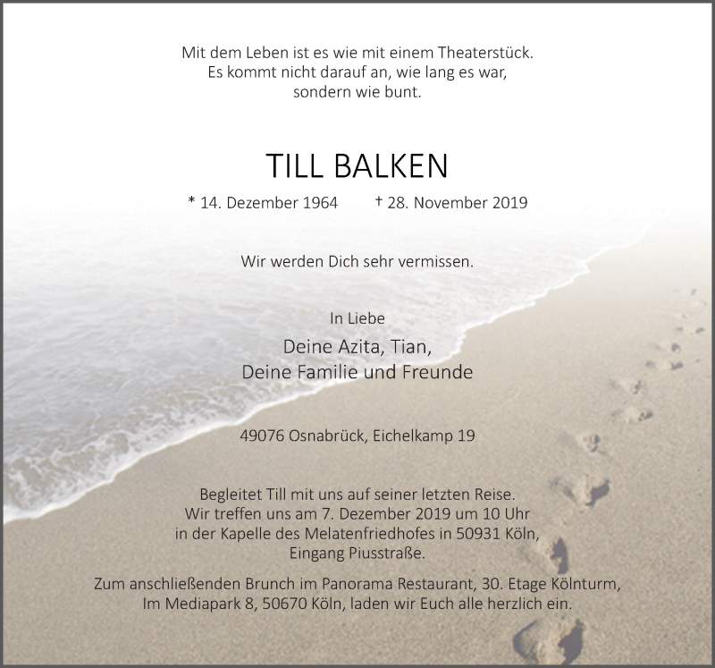  Traueranzeige für Till Balken vom 04.12.2019 aus Neue Osnabrücker Zeitung GmbH & Co. KG
