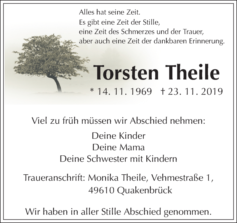  Traueranzeige für Torsten Theile vom 05.12.2019 aus Neue Osnabrücker Zeitung GmbH & Co. KG