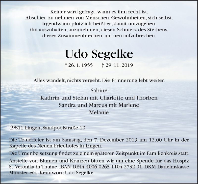  Traueranzeige für Udo Segelke vom 03.12.2019 aus Neue Osnabrücker Zeitung GmbH & Co. KG