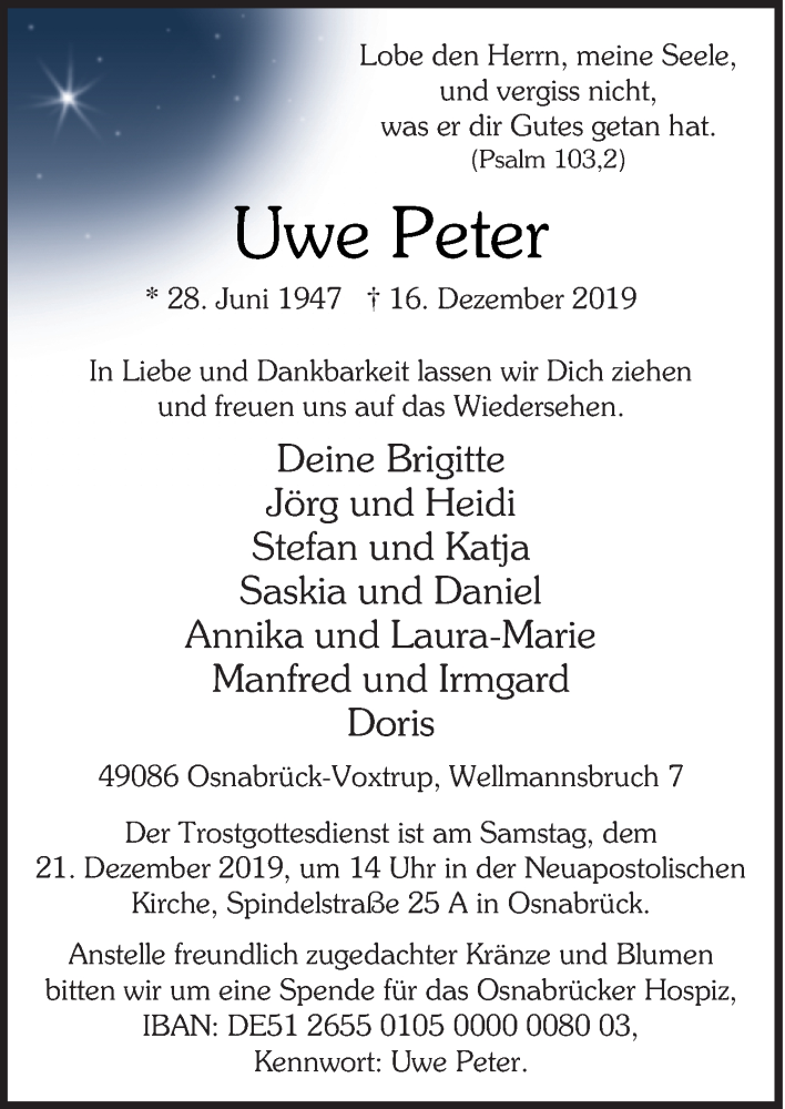  Traueranzeige für Uwe Peter vom 18.12.2019 aus Neue Osnabrücker Zeitung GmbH & Co. KG