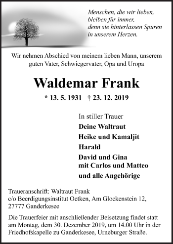 Traueranzeige von Waldemar Frank von Neue Osnabrücker Zeitung GmbH & Co. KG