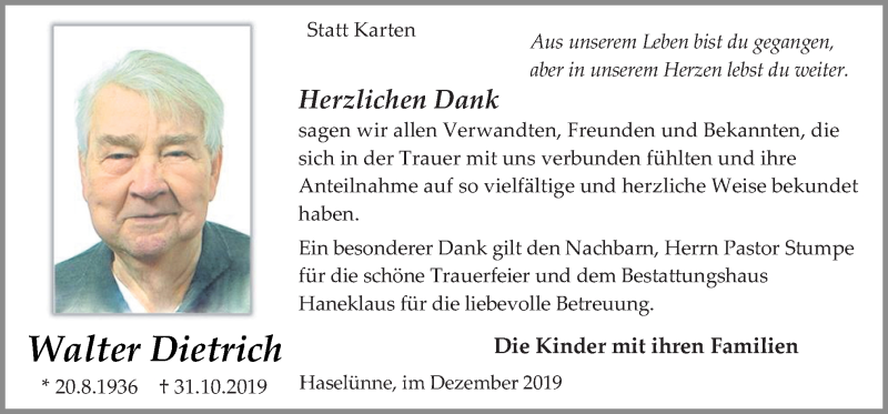  Traueranzeige für Walter Dietrich vom 11.12.2019 aus Neue Osnabrücker Zeitung GmbH & Co. KG