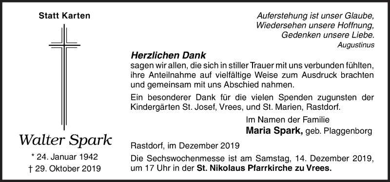 Traueranzeige für Walter Spark vom 12.12.2019 aus Neue Osnabrücker Zeitung GmbH & Co. KG