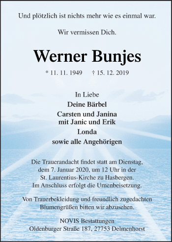 Traueranzeige von Werner Bunjes von Neue Osnabrücker Zeitung GmbH & Co. KG