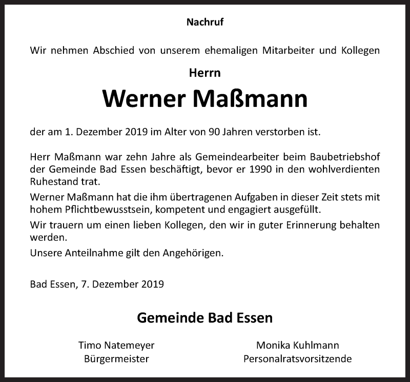  Traueranzeige für Werner Maßmann vom 07.12.2019 aus Neue Osnabrücker Zeitung GmbH & Co. KG