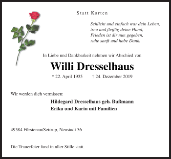 Traueranzeige von Willi Dresselhaus von Neue Osnabrücker Zeitung GmbH & Co. KG