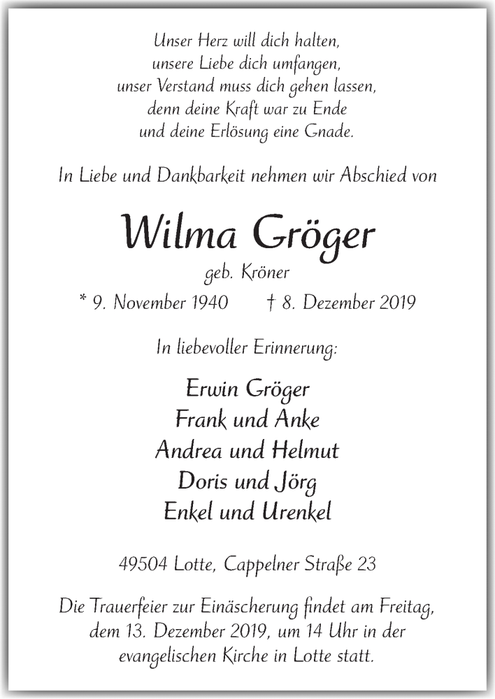  Traueranzeige für Wilma Gröger vom 11.12.2019 aus Neue Osnabrücker Zeitung GmbH & Co. KG