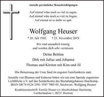 Traueranzeige von Wolfgang Heuser von Neue Osnabrücker Zeitung GmbH & Co. KG
