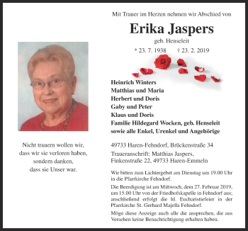 Traueranzeige von Erika Jaspers von Neue Osnabrücker Zeitung GmbH & Co. KG