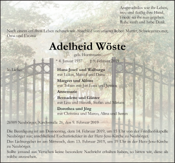 Traueranzeige von Adelheid Wöste von Neue Osnabrücker Zeitung GmbH & Co. KG