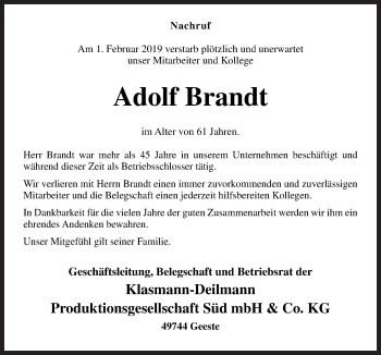 Traueranzeige von Adolf Brandt von Neue Osnabrücker Zeitung GmbH & Co. KG