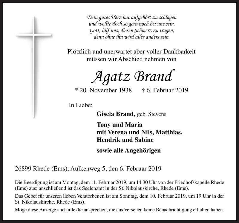  Traueranzeige für Agatz Brand vom 08.02.2019 aus Neue Osnabrücker Zeitung GmbH & Co. KG