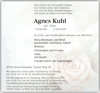 Traueranzeige von Agnes Kuhl von Neue Osnabrücker Zeitung GmbH & Co. KG