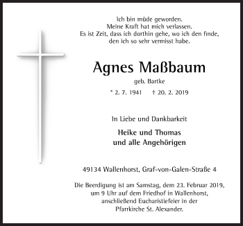 Traueranzeige von Agnes Maßbaum von Neue Osnabrücker Zeitung GmbH & Co. KG