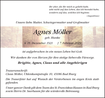 Traueranzeige von Agnes Möller von Neue Osnabrücker Zeitung GmbH & Co. KG